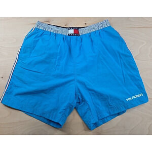 Vtg 90s Tommy Hilfiger Mens L Striped Spell Out Lined Swim Trunks Shorts Blue